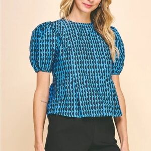 Pinch Blue Geometric Puff Sleeve Top